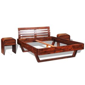 Bed Frame with Cabinets Solid Acacia Wood Queen Size
