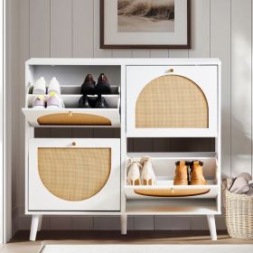 FCH 2 rows of 4 dump buckets with high feet round rattan shoe cabinet particle board + plastic rattan 105*24*98cm white frame + original wood rat