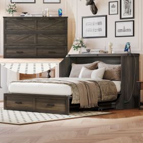 Queen Size Farmhouse Murphy Cabinet Bed with Charging Station, Foldable Platform Bed with Large Storage Drawer for Guest-Room, Small Bedroom