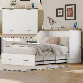 Full Size Farmhouse Murphy Cabinet Bed with Charging Station, Foldable Platform Bed with Large Storage Drawer for Guest-Room, Small Bedroom, Whit