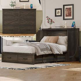 Full Size Farmhouse Murphy Cabinet Bed with Charging Station, Foldable Platform Bed with Large Storage Drawer for Guest-Room, Small Bedroom