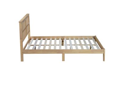 Queen Size Rubber Wooden, Solid Wooden Bed with Rattan Headboard, Enhanced by Support Feet,Oak White