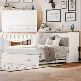 Queen Size Farmhouse Murphy Cabinet Bed with Charging Station, Foldable Platform Bed with Large Storage Drawer for Guest-Room, Small Bedroom, Whi