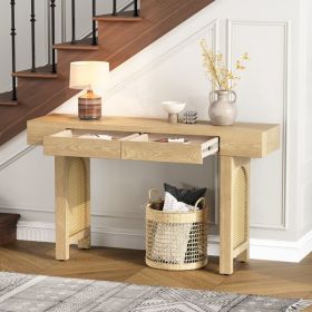 Narrow Console Table with Rattan Accent, Natural Wood Finish Entryway Table with Storage Drawers