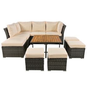 U  STYLE Patio Furniture Set 10 Piece Outdoor Conversation Set CoffeeTable With Ottomans Solid Woo (Color: Beige)