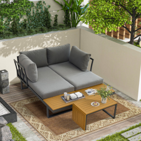Aluminum Patio Furniture Set, Outdoor L-Shaped Sectional Sofa With Plastic Wood Side Table And Soft Cushion For Backyard Poolside (Option: GrayYellow)