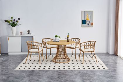 Outdoor Dining Simple Bamboo Chair Table , PE Ratten Round Table 110CM Plastic Wood Top (Option: Antique brown)