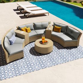 U Style 6-Person Fan-Shaped Rattan Set With Cushions   Table (Option: Gray)