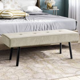 Mid-Century Corduroy Upholstered End of Bed Bench with Black Metal Legs (Color: Beige)