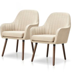 Set of 2 Retro Linen Upholstered Accent Chair with Stylish Wood Legs (Color: Off-White)