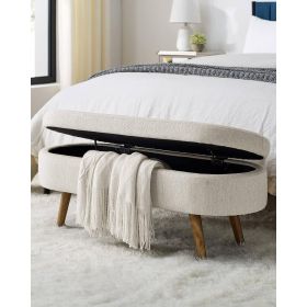 Mid-Century Modern Boho Style Linen Bedroom Storage Bed Bench (Color: Off-White Beige)