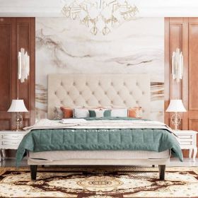 Upholstered Linen Blend Headboard Button-Tufted Platform Bed (Color: Beige, size: Queen)