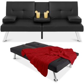 Modern Faux Leather Cup Holders Convertible Sofa Bed Futon Sleeper (Color: Black)