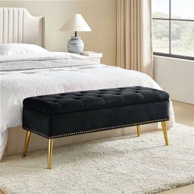 Mid-Century Modern End of Bed Storage Bench with Velvet Seat and Gold Legs (Color: Black)