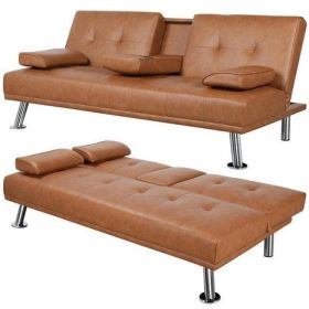 Modern Faux Leather Cup Holders Convertible Sofa Bed Futon Sleeper (Color: Brown)