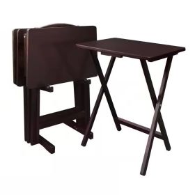 Set of 4 - Folding TV Tray Table Set with Stand in Wood Finish (Color: Dark Brown)