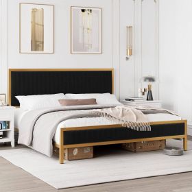 Gold Metal Platform Bed Frame with Velvet Upholstered Headboard (Color: Black, size: Full)
