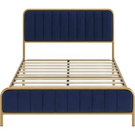 Gold Metal Platform Bed Frame with Velvet Upholstered Headboard (Color: Navy Blue, size: Full)