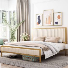 Gold Metal Platform Bed Frame with Upholstered Headboard (Color: Beige White, size: Full)
