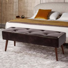 Mid-Century Bed Bench with Leather Upholstered Seat Solid Wood Legs (Color: Dark Browon)