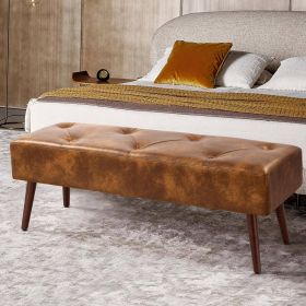 Mid-Century Bed Bench with Leather Upholstered Seat Solid Wood Legs (Color: Brown)