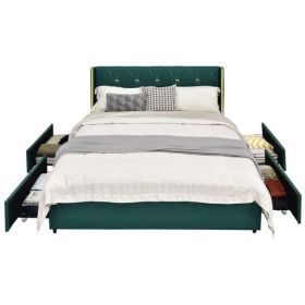 Linen Headboard 4 Drawer Storage Platform Bed (Color: Green/Gold, size: Full)