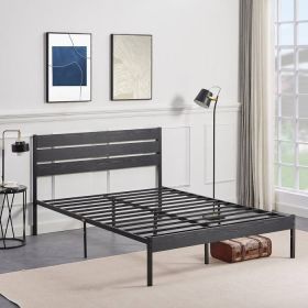 Industrial Platform Bed Frame with Wood Slatted Headboard (Color: Black, size: Full)