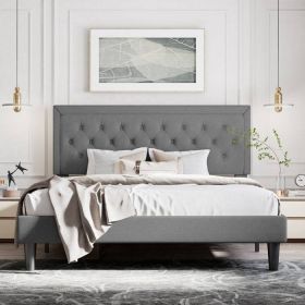 Linen Upholstered Platform Bed with Button-Tufted Headboard (Color: DARK GREY, size: Full)