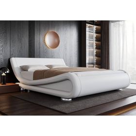 King Modern Black Upholstered Platform Bed Frame with Sleigh Curved Headboard (Color: White, size: Full)