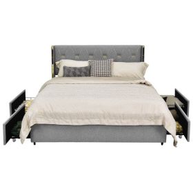 Linen Headboard 4 Drawer Storage Platform Bed (Color: Grey/Gold, size: Full)