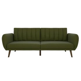 Linen Upholstered Futon Sofa Bed with Mid-Century Style Wooden Legs (Color: Green)