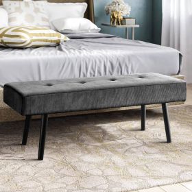 Mid-Century Corduroy Upholstered End of Bed Bench with Black Metal Legs (Color: Grey)