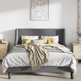 Upholstered Linen Blend Headboard Wingback Platform Bed in Grey (size: Queen)