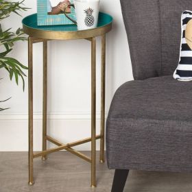 Gold Metal Round Nightstand End Table with Removable Tray Top (Color: Teal)