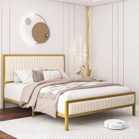 Gold Metal Platform Bed Frame with Upholstered Headboard (Color: Beige White, size: Queen)