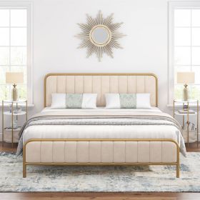 Gold Metal Platform Bed Frame with Velvet Upholstered Headboard (Color: Off-White, size: King)