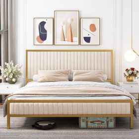 Gold Metal Platform Bed Frame with Upholstered Headboard (Color: Beige White, size: King)