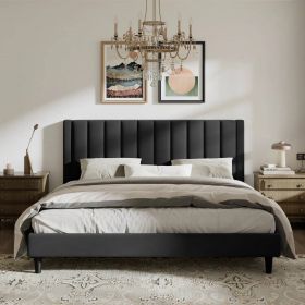 Velvet Upholstered Platform Bed Frame with Headboard (Color: Black, size: King)