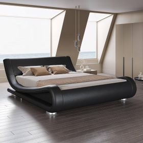 King Modern Black Upholstered Platform Bed Frame with Sleigh Curved Headboard (Color: Black, size: King)