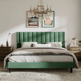 Velvet Upholstered Platform Bed Frame with Headboard (Color: Green, size: King)