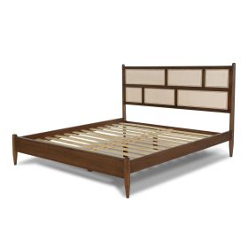 Hardwood Platform Bed Frame with Cane Paneling Headboard (Color: Walnut, size: Queen)