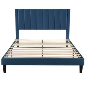 Modern Velvet Upholstered Platform Bed with Headboard (Color: Navy Blue, size: Full)