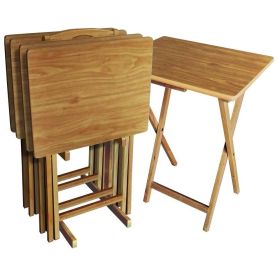 Set of 4 - Folding TV Tray Table Set with Stand in Wood Finish (Color: Natural)