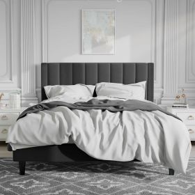 Velvet Upholstered Platform Bed Frame with Headboard (Color: Black, size: Queen)