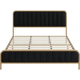 Gold Metal Platform Bed Frame with Velvet Upholstered Headboard (Color: Black, size: Queen)