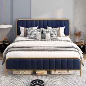 Gold Metal Platform Bed Frame with Velvet Upholstered Headboard (Color: Navy Blue, size: Queen)