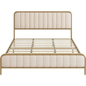 Gold Metal Platform Bed Frame with Velvet Upholstered Headboard (Color: Off-White, size: Queen)