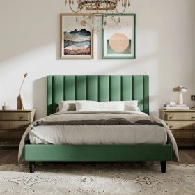 Velvet Upholstered Platform Bed Frame with Headboard (Color: Green, size: Queen)