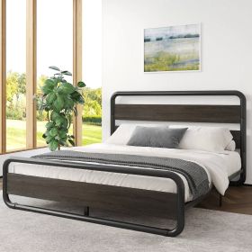 Heavy Duty Round Metal Frame Platform Bed with Wood Panel Headboard (Color: Black, size: Queen)