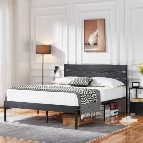 Industrial Platform Bed Frame with Wood Slatted Headboard (Color: Black, size: Queen)